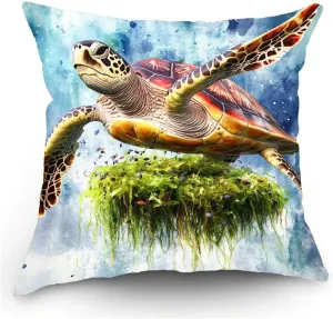 Throw Pillow Cover Sea Turtle Ocean Theme Loggerhead turtle passing a floating island of seaweed Pattern Wildlife Decor Lumbar Pillow Case Cushion for Sofa Couch Bed Standard Queen size 12x12in 6R9tpU