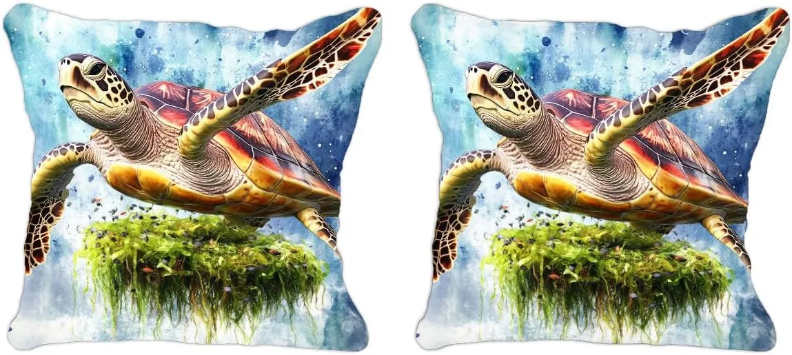 Throw Pillow Cover Sea Turtle Ocean Theme Loggerhead turtle passing a floating island of seaweed Pattern Wildlife Decor Lumbar Pillow Case Cushion for Sofa Couch Bed Standard Queen size 12x12in 6R9tpU