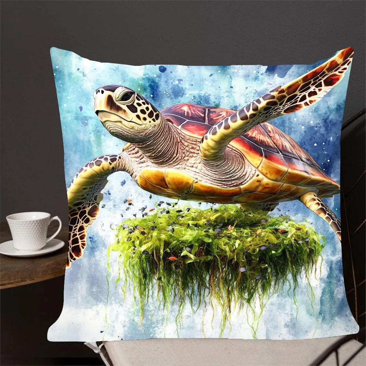 Throw Pillow Cover Sea Turtle Ocean Theme Loggerhead turtle passing a floating island of seaweed Pattern Wildlife Decor Lumbar Pillow Case Cushion for Sofa Couch Bed Standard Queen size 12x12in 6R9tpU