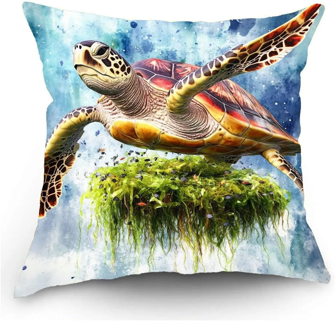 Throw Pillow Cover Sea Turtle Ocean Theme Loggerhead turtle passing a floating island of seaweed Pattern Wildlife Decor Lumbar Pillow Case Cushion for Sofa Couch Bed Standard Queen size 12x12in 6R9tpU