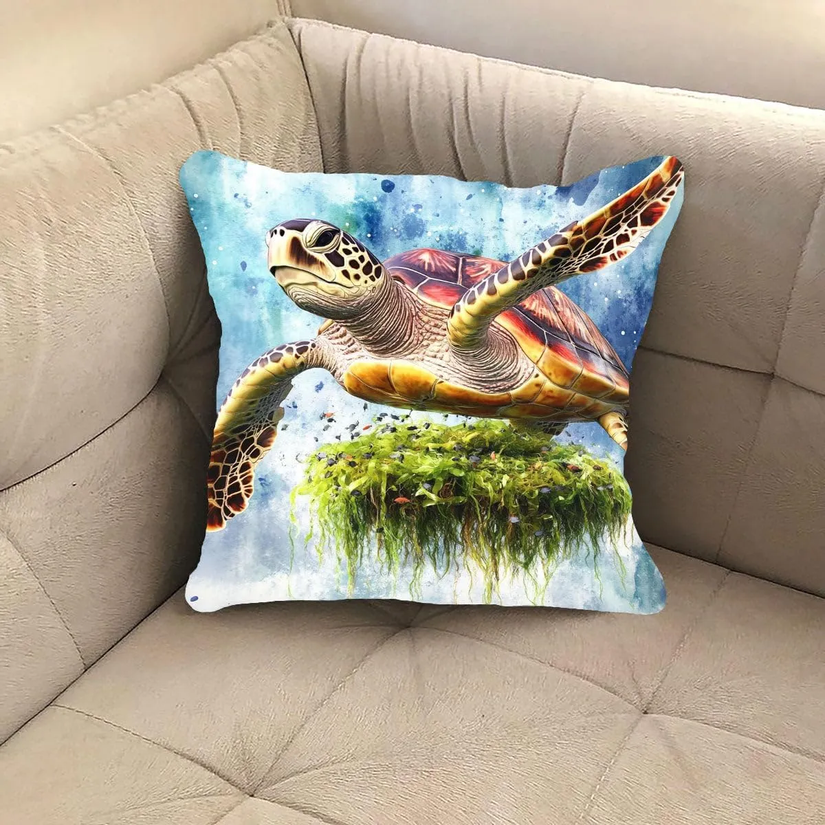 Throw Pillow Cover Sea Turtle Ocean Theme Loggerhead turtle passing a floating island of seaweed Pattern Wildlife Decor Lumbar Pillow Case Cushion for Sofa Couch Bed Standard Queen size 12x12in 6R9tpU