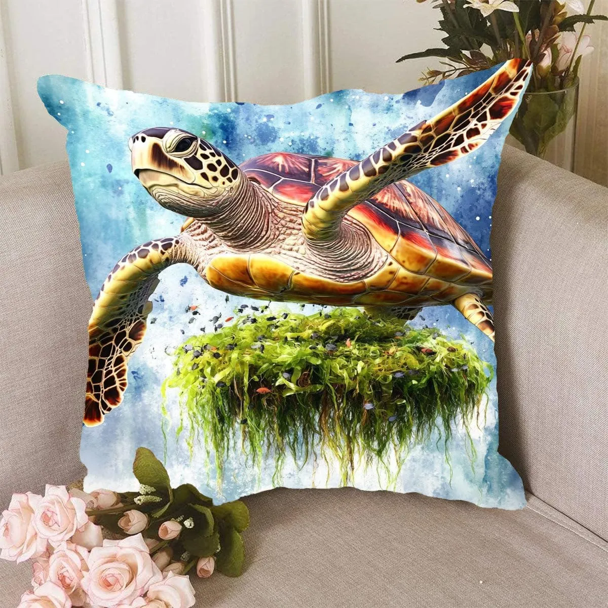 Throw Pillow Cover Sea Turtle Ocean Theme Loggerhead turtle passing a floating island of seaweed Pattern Wildlife Decor Lumbar Pillow Case Cushion for Sofa Couch Bed Standard Queen size 12x12in 6R9tpU