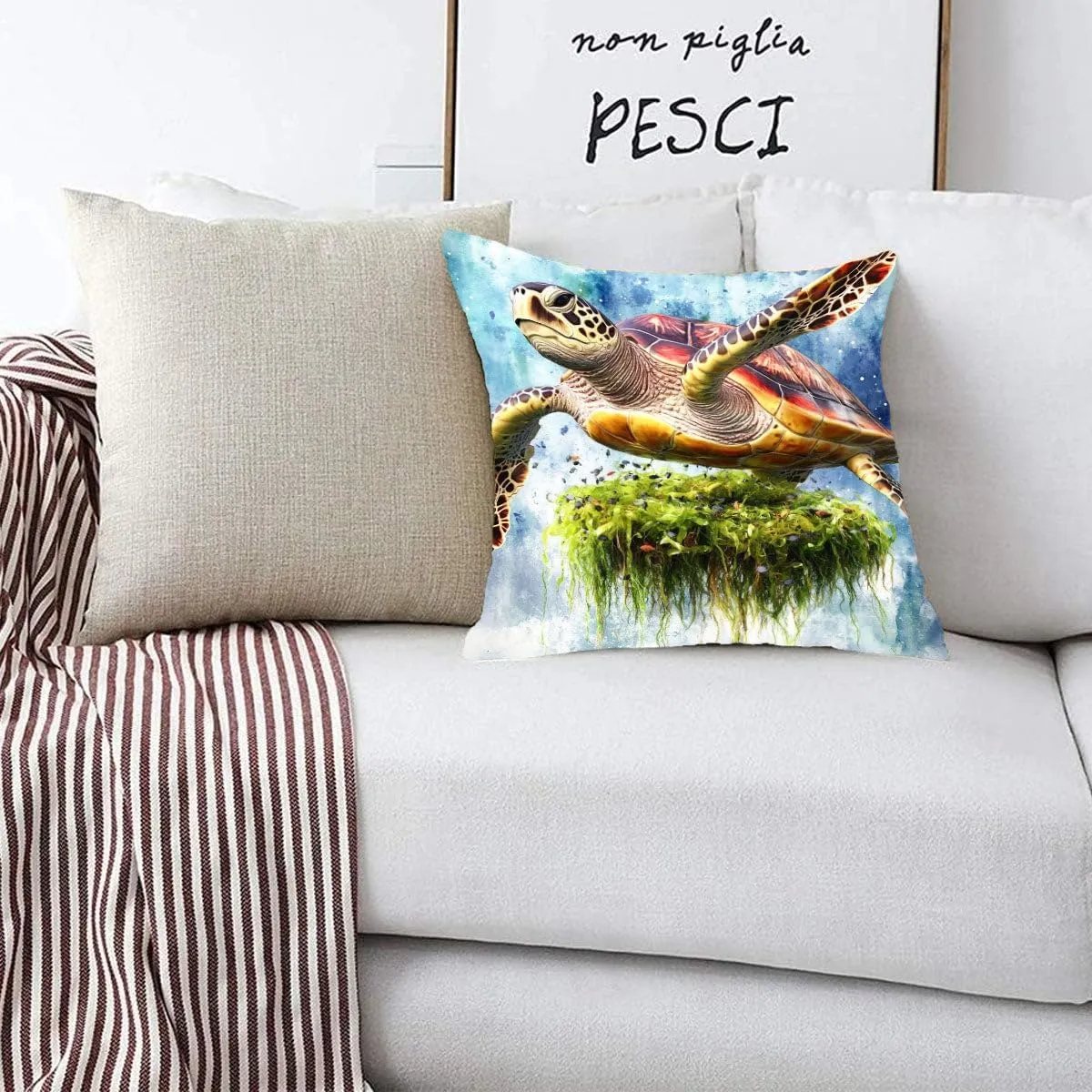 Throw Pillow Cover Sea Turtle Ocean Theme Loggerhead turtle passing a floating island of seaweed Pattern Wildlife Decor Lumbar Pillow Case Cushion for Sofa Couch Bed Standard Queen size 12x12in 6R9tpU