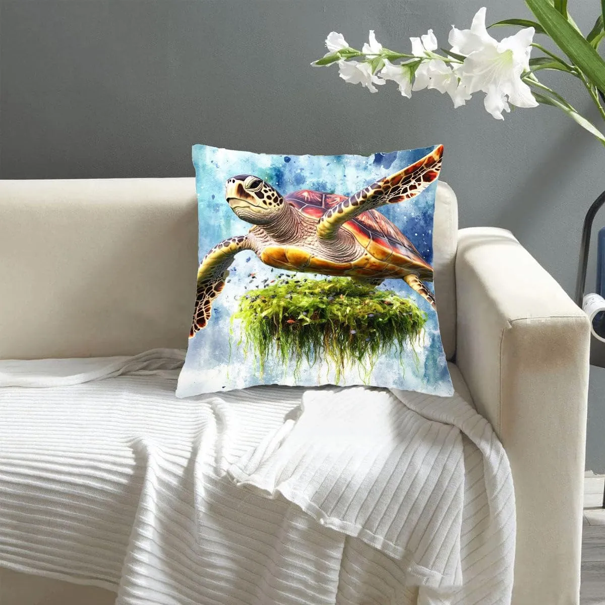 Throw Pillow Cover Sea Turtle Ocean Theme Loggerhead turtle passing a floating island of seaweed Pattern Wildlife Decor Lumbar Pillow Case Cushion for Sofa Couch Bed Standard Queen size 12x12in 6R9tpU
