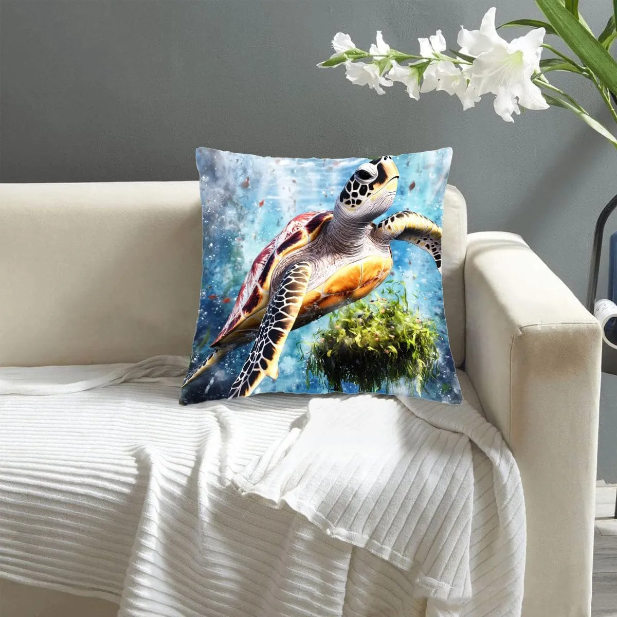 Throw Pillow Cover Sea Turtle Ocean Theme Loggerhead turtle passing a floating island of seaweed Pattern Wildlife Decor Lumbar Pillow Case Cushion for Sofa Couch Bed Standard Queen size 12x12in ueILxl