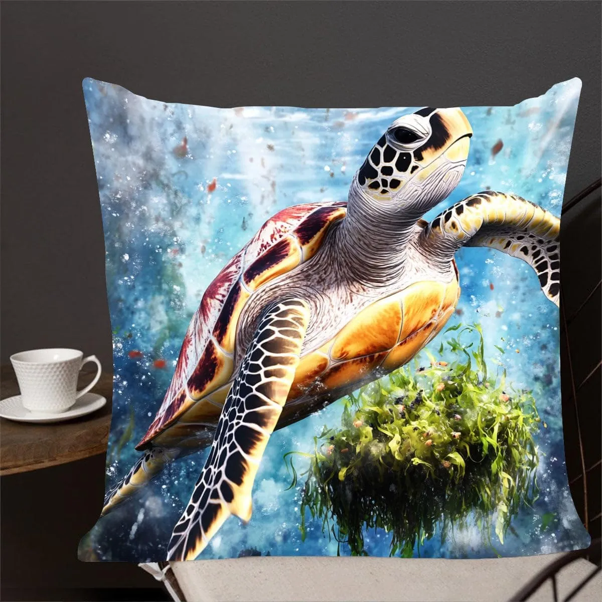 Throw Pillow Cover Sea Turtle Ocean Theme Loggerhead turtle passing a floating island of seaweed Pattern Wildlife Decor Lumbar Pillow Case Cushion for Sofa Couch Bed Standard Queen size 12x12in ueILxl