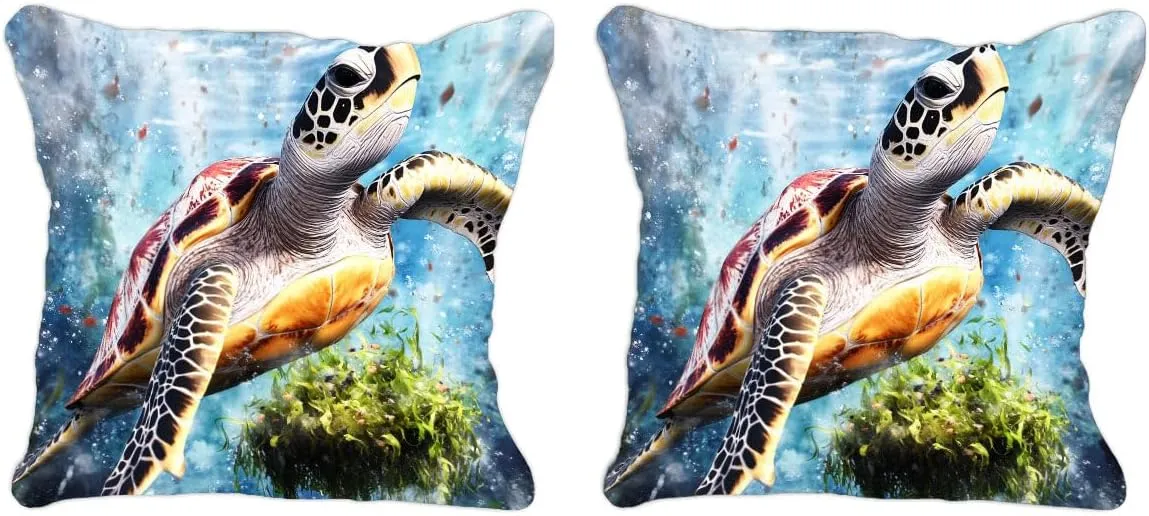 Throw Pillow Cover Sea Turtle Ocean Theme Loggerhead turtle passing a floating island of seaweed Pattern Wildlife Decor Lumbar Pillow Case Cushion for Sofa Couch Bed Standard Queen size 12x12in ueILxl