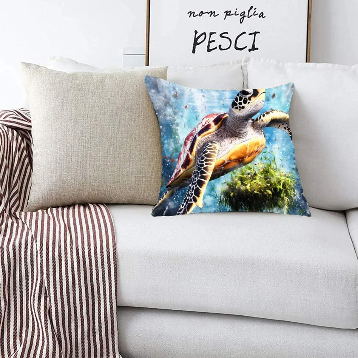 Throw Pillow Cover Sea Turtle Ocean Theme Loggerhead turtle passing a floating island of seaweed Pattern Wildlife Decor Lumbar Pillow Case Cushion for Sofa Couch Bed Standard Queen size 12x12in ueILxl