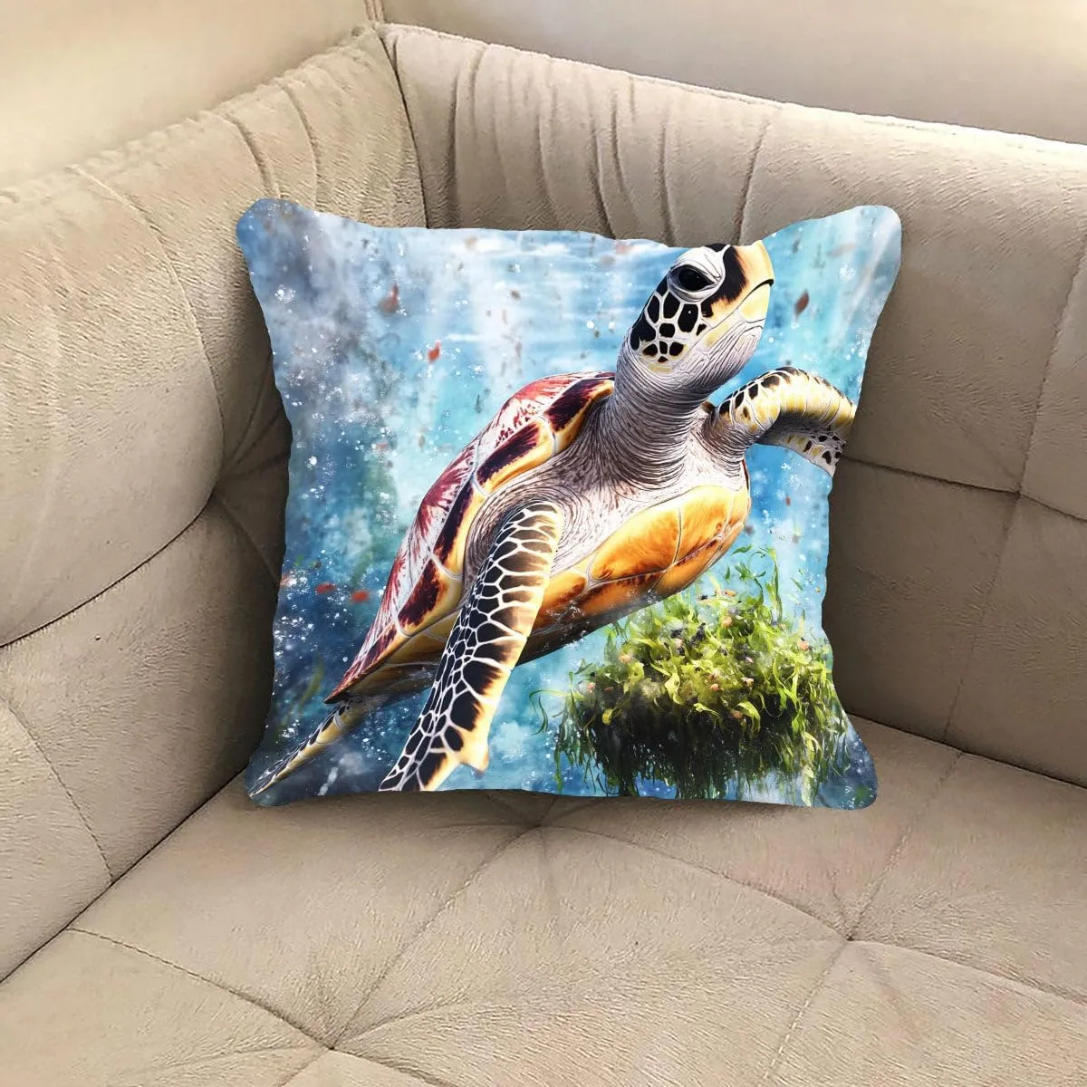 Throw Pillow Cover Sea Turtle Ocean Theme Loggerhead turtle passing a floating island of seaweed Pattern Wildlife Decor Lumbar Pillow Case Cushion for Sofa Couch Bed Standard Queen size 12x12in ueILxl