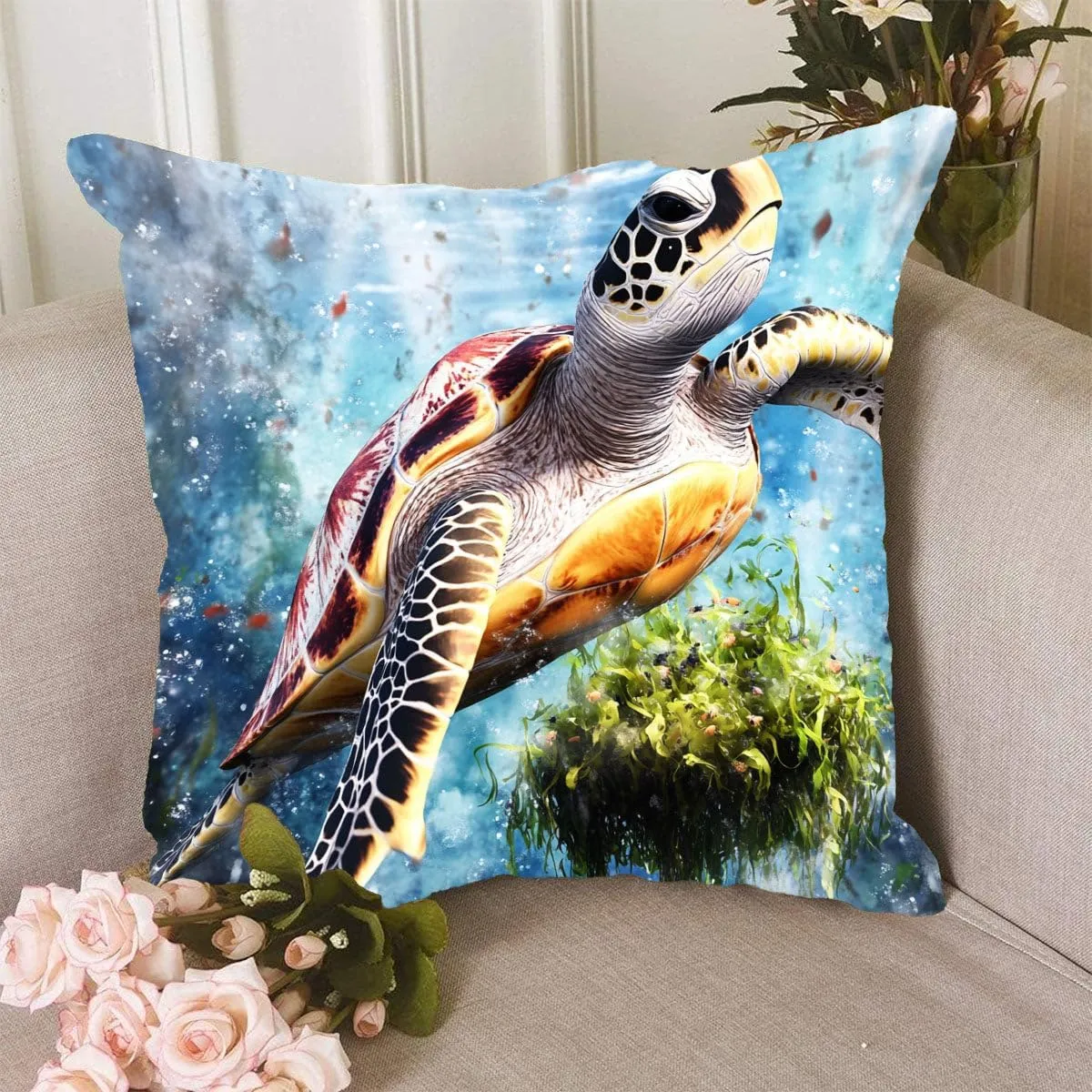 Throw Pillow Cover Sea Turtle Ocean Theme Loggerhead turtle passing a floating island of seaweed Pattern Wildlife Decor Lumbar Pillow Case Cushion for Sofa Couch Bed Standard Queen size 12x12in ueILxl
