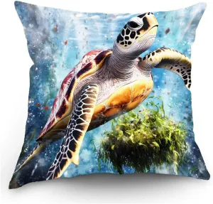 Throw Pillow Cover Sea Turtle Ocean Theme Loggerhead turtle passing a floating island of seaweed Pattern Wildlife Decor Lumbar Pillow Case Cushion for Sofa Couch Bed Standard Queen size 12x12in ueILxl