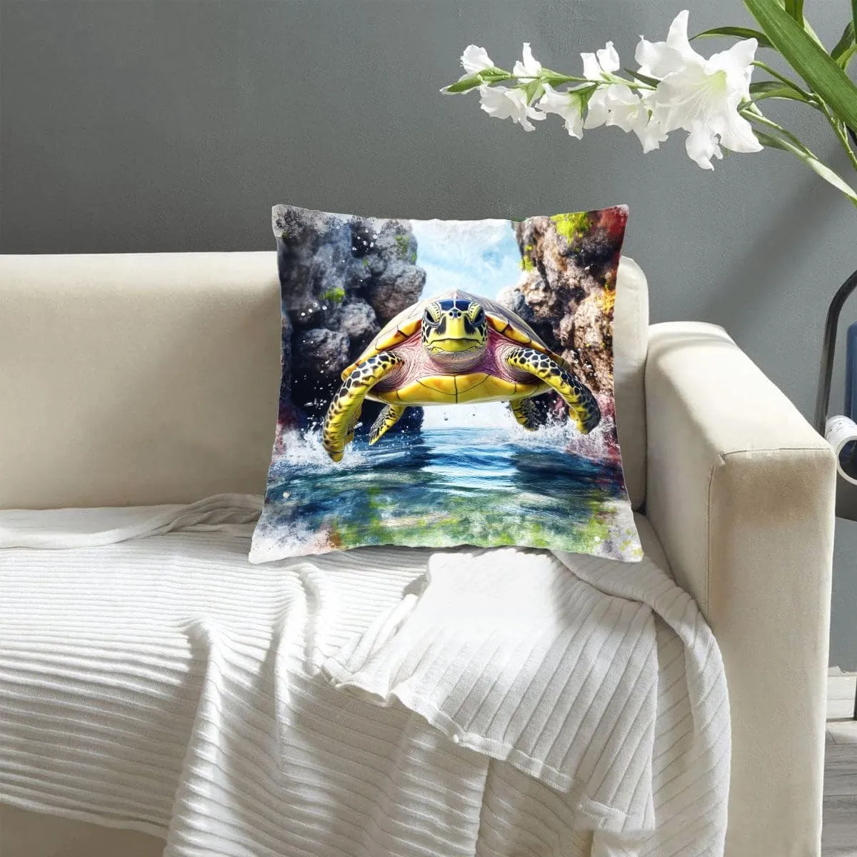 Throw Pillow Cover Sea Turtle Ocean Theme Olive Ridley Turtle in a Calm Bay Pattern Wildlife Decor Lumbar Pillow Case Cushion for Sofa Couch Bed Standard Queen Size 12x12in eYUVlJ