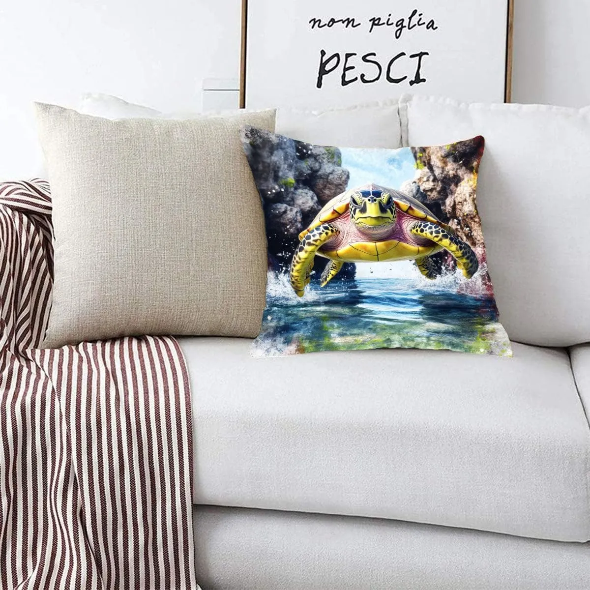 Throw Pillow Cover Sea Turtle Ocean Theme Olive Ridley Turtle in a Calm Bay Pattern Wildlife Decor Lumbar Pillow Case Cushion for Sofa Couch Bed Standard Queen Size 12x12in eYUVlJ