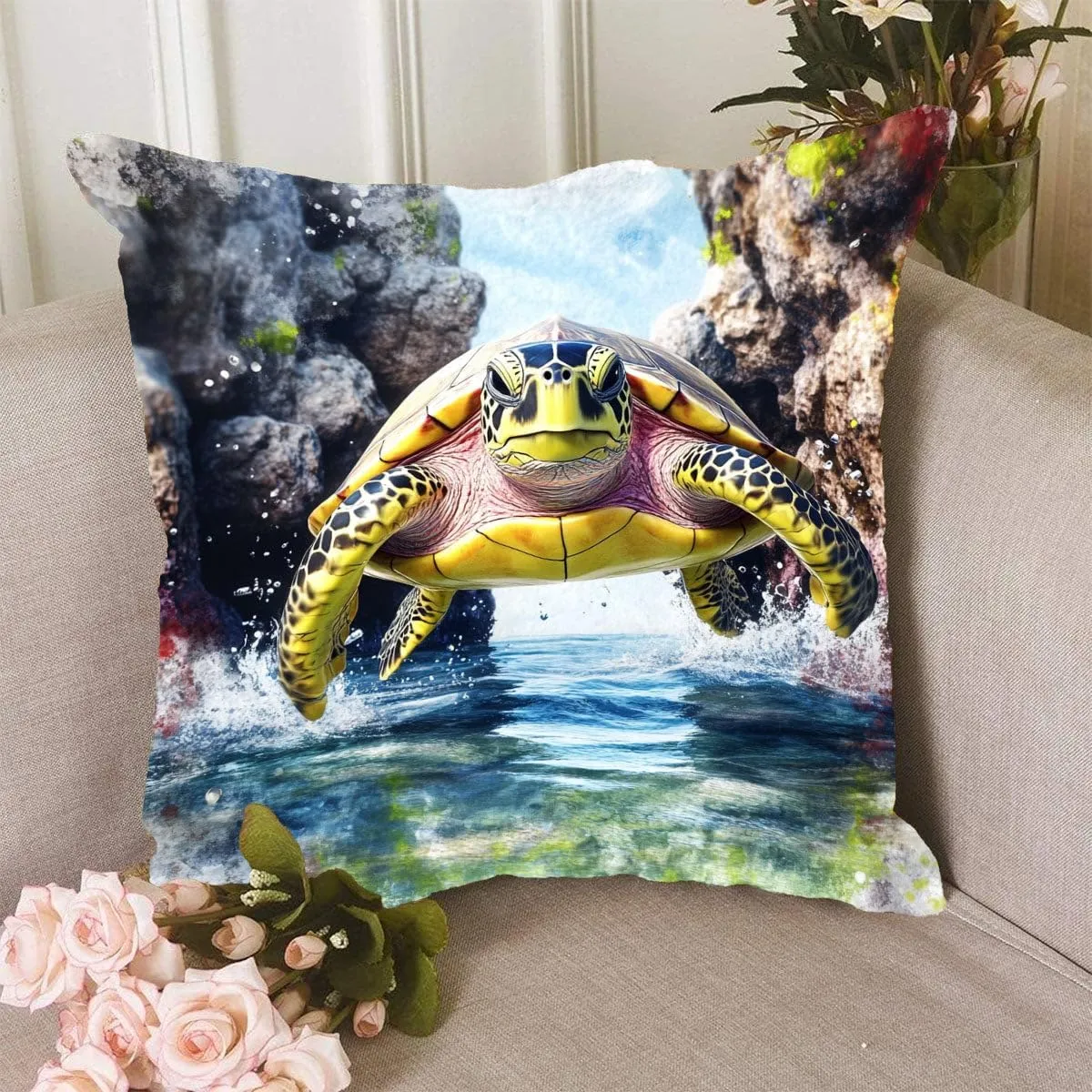 Throw Pillow Cover Sea Turtle Ocean Theme Olive Ridley Turtle in a Calm Bay Pattern Wildlife Decor Lumbar Pillow Case Cushion for Sofa Couch Bed Standard Queen Size 12x12in eYUVlJ