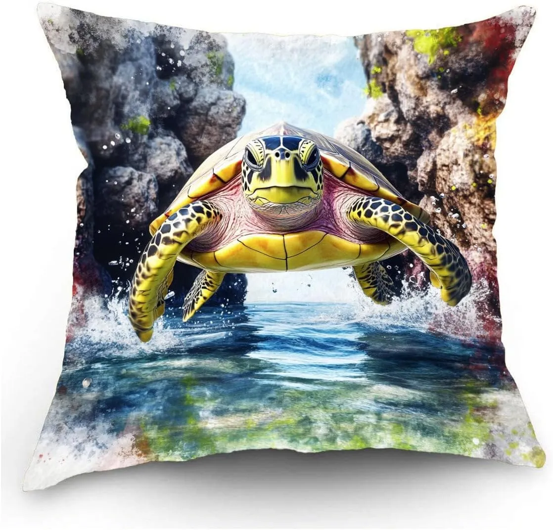 Throw Pillow Cover Sea Turtle Ocean Theme Olive Ridley Turtle in a Calm Bay Pattern Wildlife Decor Lumbar Pillow Case Cushion for Sofa Couch Bed Standard Queen Size 12x12in eYUVlJ