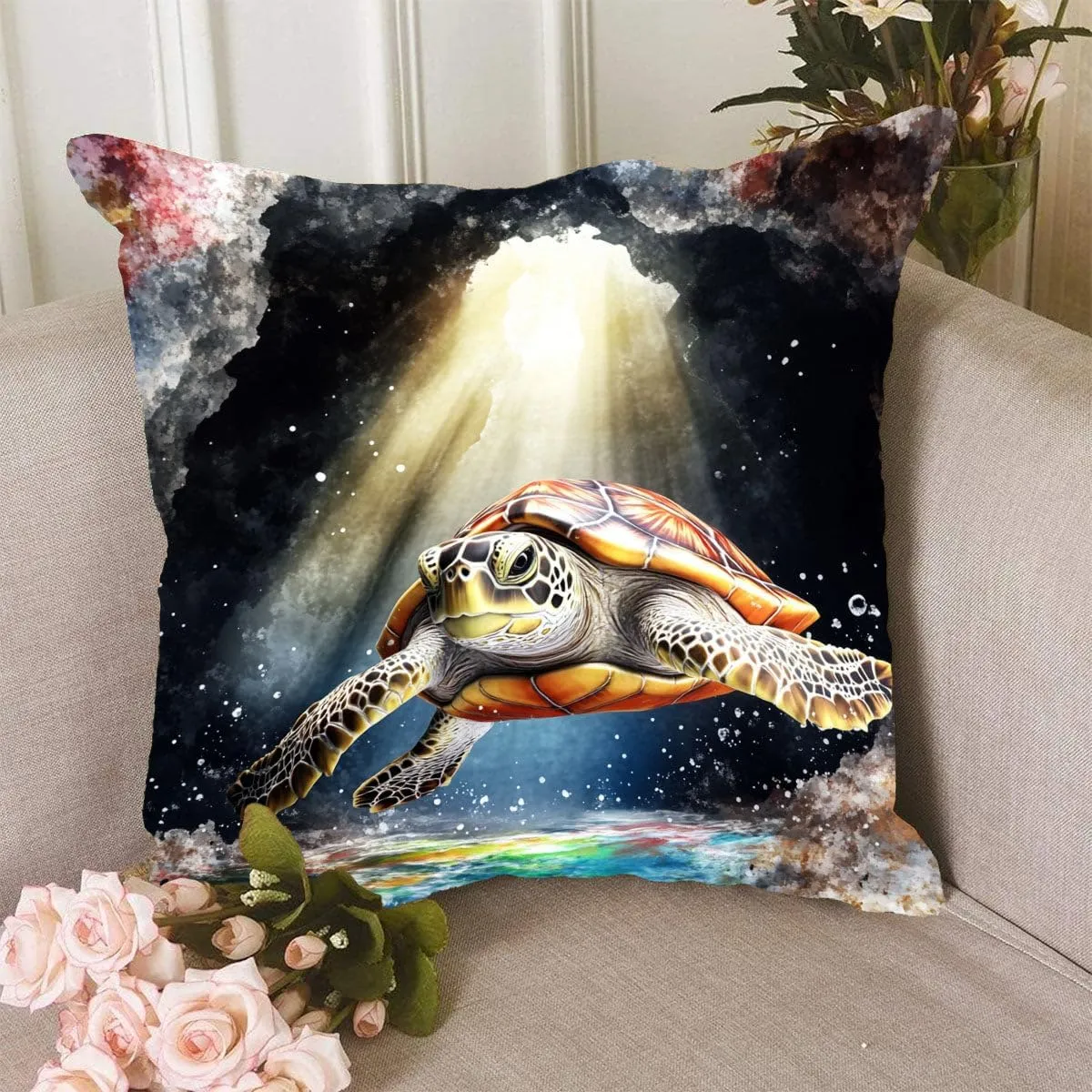 Throw Pillow Cover Sea Turtle Ocean Theme Olive Ridley Turtle Near a sea cave Pattern Wildlife Decor Lumbar Pillow Case Cushion for Sofa Couch Bed Standard Queen Size 12x12in 4gbE1l