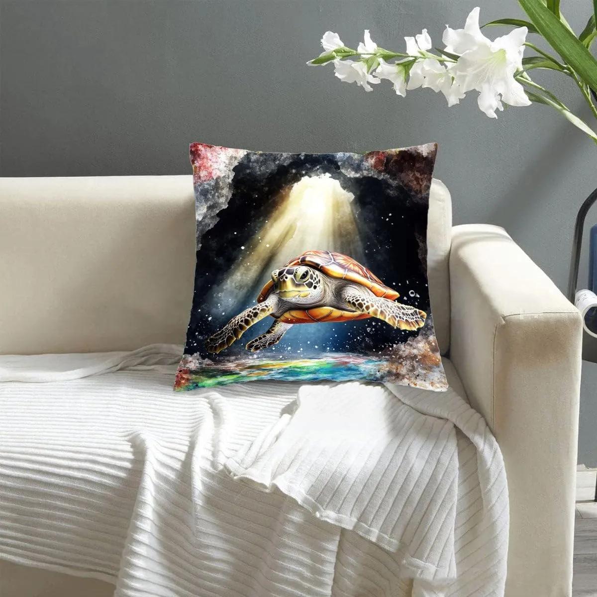 Throw Pillow Cover Sea Turtle Ocean Theme Olive Ridley Turtle Near a sea cave Pattern Wildlife Decor Lumbar Pillow Case Cushion for Sofa Couch Bed Standard Queen Size 12x12in 4gbE1l