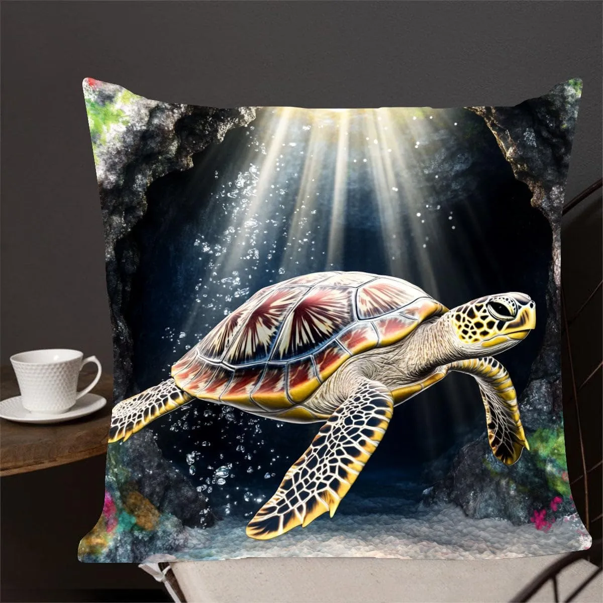 Throw Pillow Cover Sea Turtle Ocean Theme Olive Ridley Turtle Near a sea cave Pattern Wildlife Decor Lumbar Pillow Case Cushion for Sofa Couch Bed Standard Queen Size 12x12in o8ZFb9