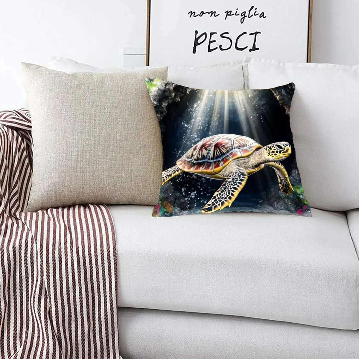 Throw Pillow Cover Sea Turtle Ocean Theme Olive Ridley Turtle Near a sea cave Pattern Wildlife Decor Lumbar Pillow Case Cushion for Sofa Couch Bed Standard Queen Size 12x12in o8ZFb9