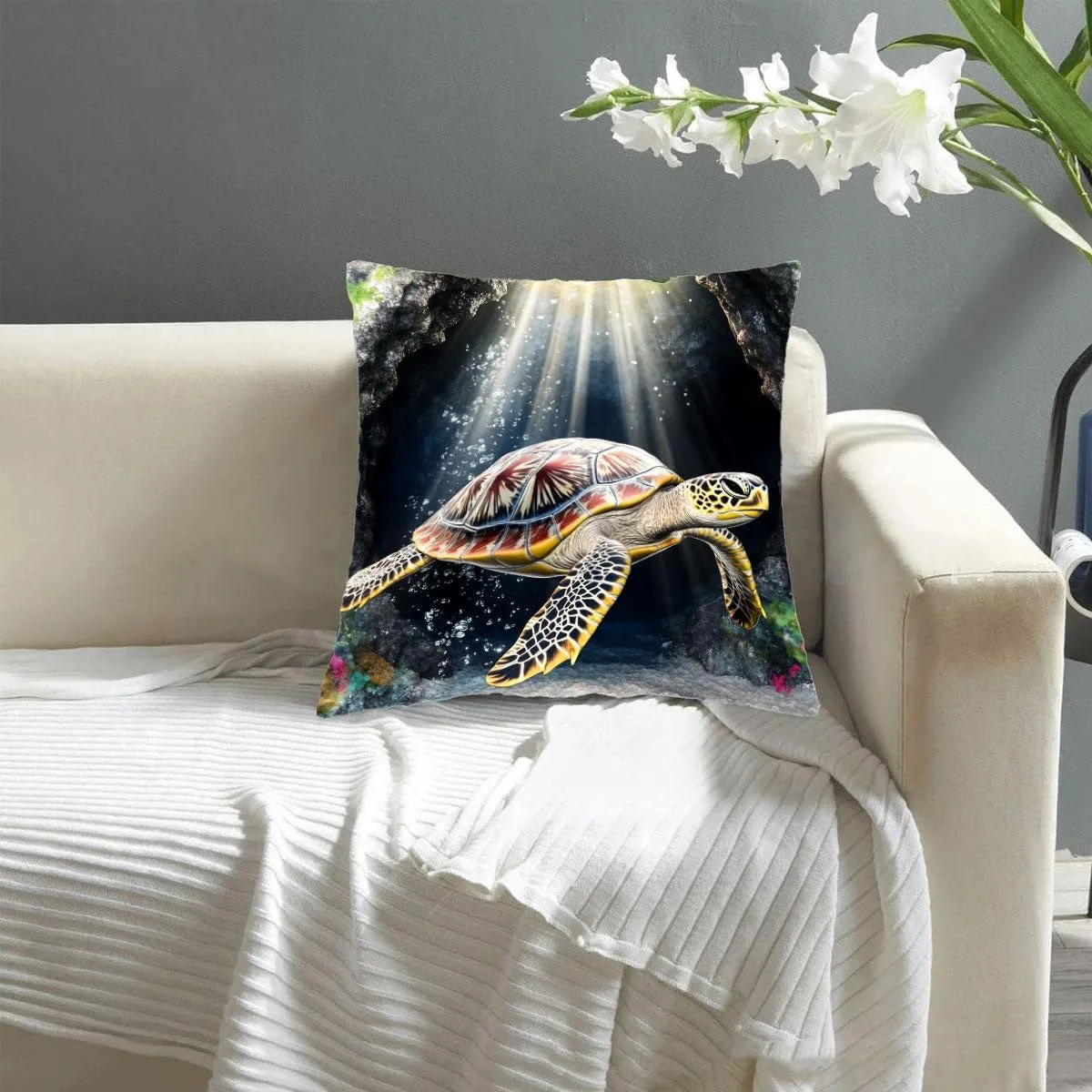 Throw Pillow Cover Sea Turtle Ocean Theme Olive Ridley Turtle Near a sea cave Pattern Wildlife Decor Lumbar Pillow Case Cushion for Sofa Couch Bed Standard Queen Size 12x12in o8ZFb9
