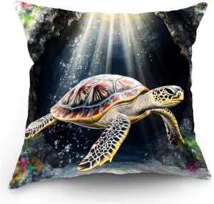 Throw Pillow Cover Sea Turtle Ocean Theme Olive Ridley Turtle Near a sea cave Pattern Wildlife Decor Lumbar Pillow Case Cushion for Sofa Couch Bed Standard Queen Size 12x12in o8ZFb9