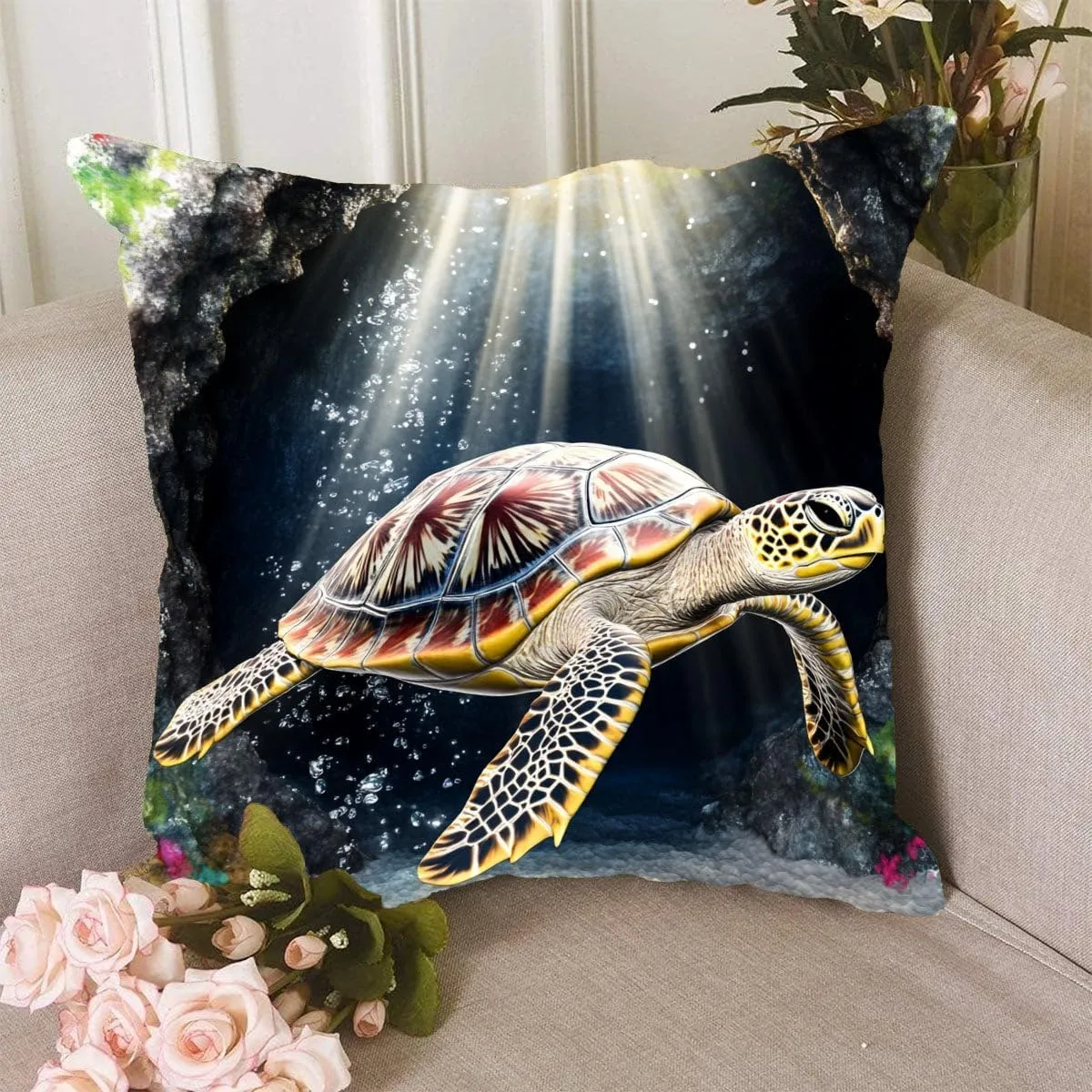 Throw Pillow Cover Sea Turtle Ocean Theme Olive Ridley Turtle Near a sea cave Pattern Wildlife Decor Lumbar Pillow Case Cushion for Sofa Couch Bed Standard Queen Size 12x12in o8ZFb9