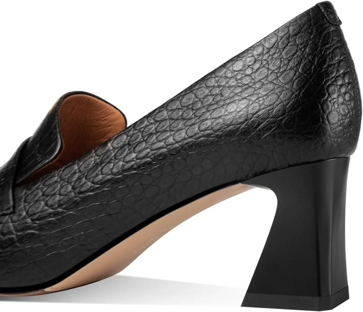TinaCus Embossed Genuine Leather Handmade Mid Chunky Heels Women's Square Toe Retro Pumps Shoes