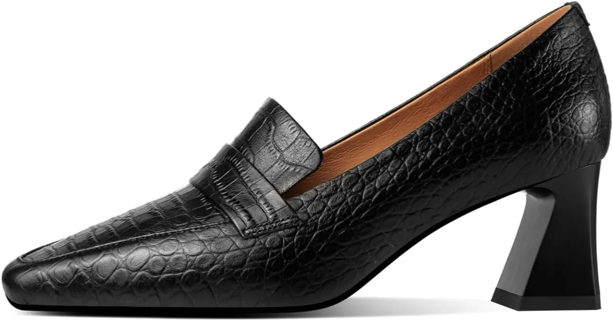 TinaCus Embossed Genuine Leather Handmade Mid Chunky Heels Women's Square Toe Retro Pumps Shoes