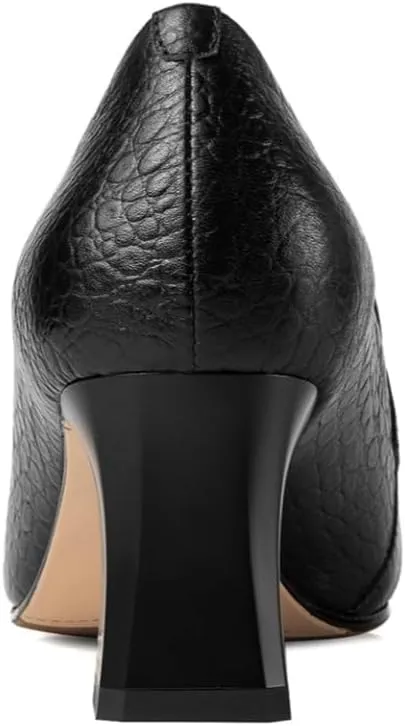 TinaCus Embossed Genuine Leather Handmade Mid Chunky Heels Women's Square Toe Retro Pumps Shoes