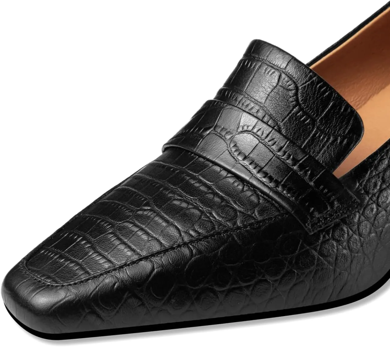 TinaCus Embossed Genuine Leather Handmade Mid Chunky Heels Women's Square Toe Retro Pumps Shoes
