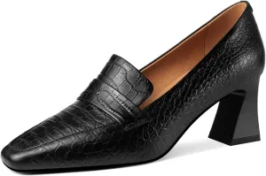 TinaCus Embossed Genuine Leather Handmade Mid Chunky Heels Women's Square Toe Retro Pumps Shoes