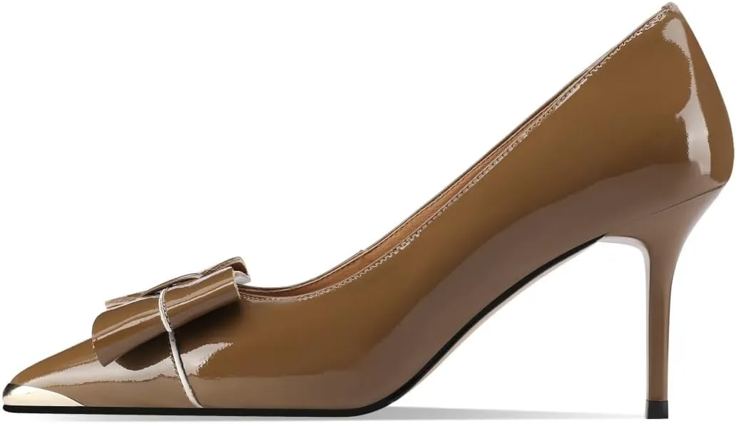 TinaCus Glossy Patent Leather Women's Pointed Toe Handmade Bowknot Stiletto High Heels Trendy Pumps Shoes