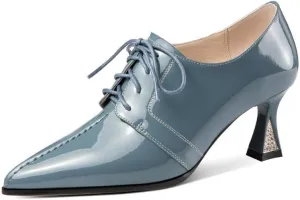 TinaCus Handmade Women's Patent Leather Pointed Toe Front Lace Up Mid Spool Heel Shoes