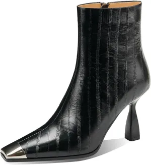 TinaCus Metal Square Toe Embossed Genuine Leather Handmade Zipper Stiletto High Heels Women's Ankle Boots