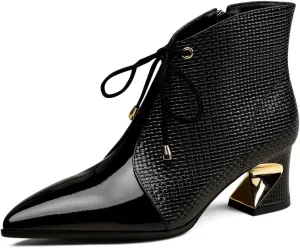 TinaCus Women's Pointed Toe Genuine & Patent Leather Handmade Selftie Zipper Mid Chunky Heels Ankle Boots