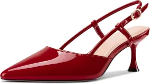 TNYNFBEB Womens Close Pointed Toe Mid Kitten Heel Pumps Shoes Slip-on Slingback Buckle Prom Party Dress Basic Classic Patent Leather 2.6 Inches Heels