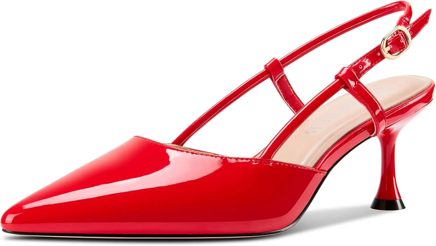 TNYNFBEB Womens Close Pointed Toe Mid Kitten Heel Pumps Shoes Slip-on Slingback Buckle Prom Party Dress Basic Classic Patent Leather 2.6 Inches Heels