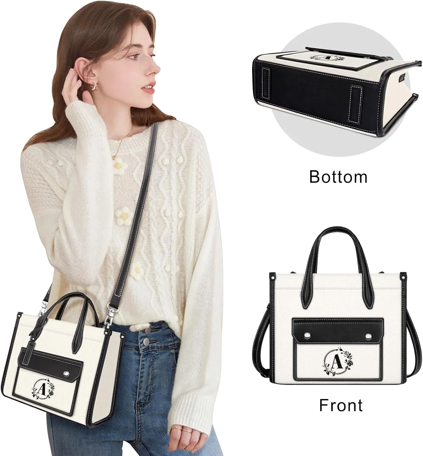 TOPDesign Monogrammed Small Canvas Tote Bag for Women, Personalized Initial Handbags, Top Handle Purse with Detachable Strap