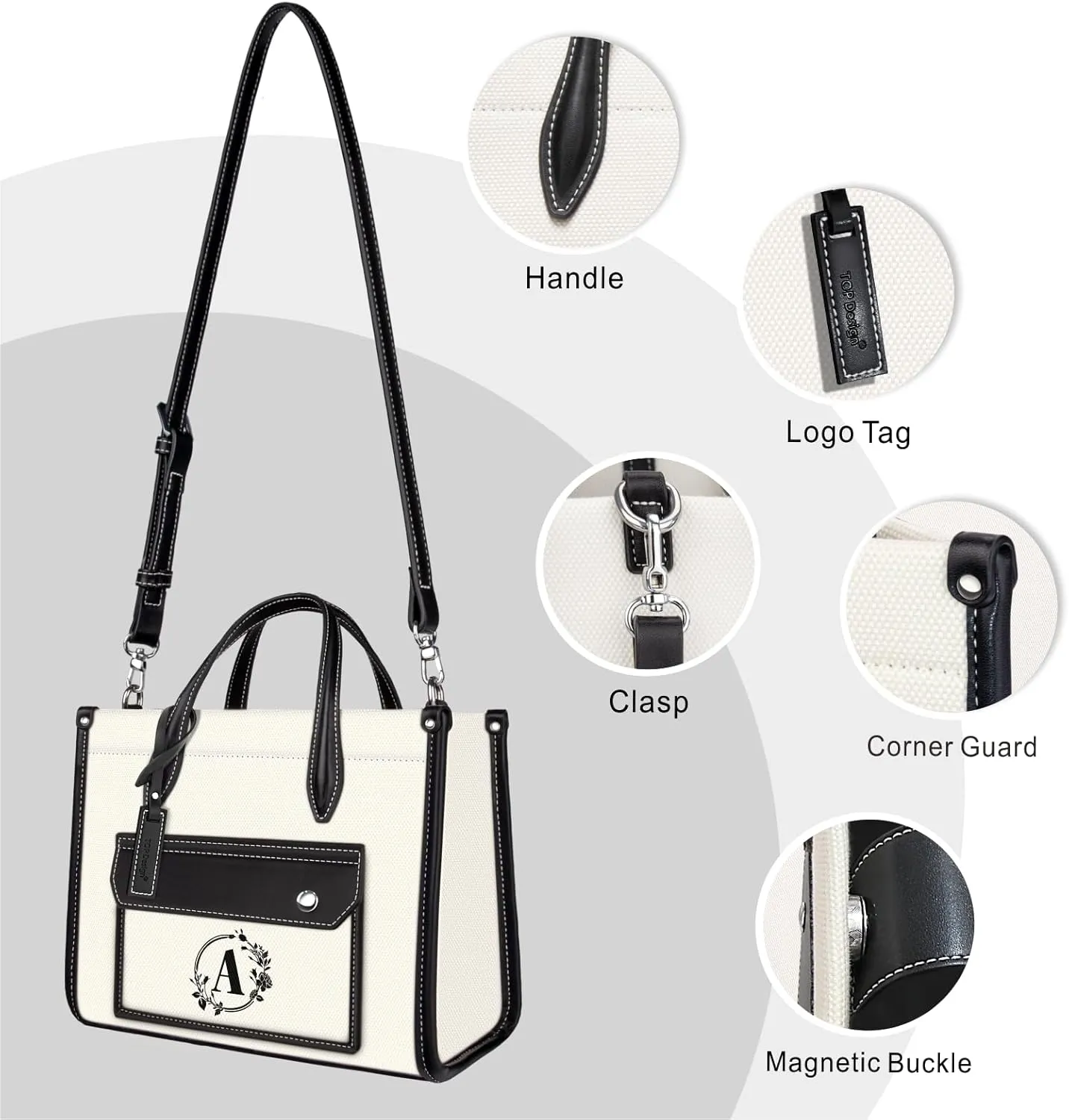 TOPDesign Monogrammed Small Canvas Tote Bag for Women, Personalized Initial Handbags, Top Handle Purse with Detachable Strap