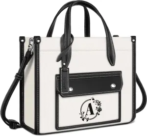 TOPDesign Monogrammed Small Canvas Tote Bag for Women, Personalized Initial Handbags, Top Handle Purse with Detachable Strap