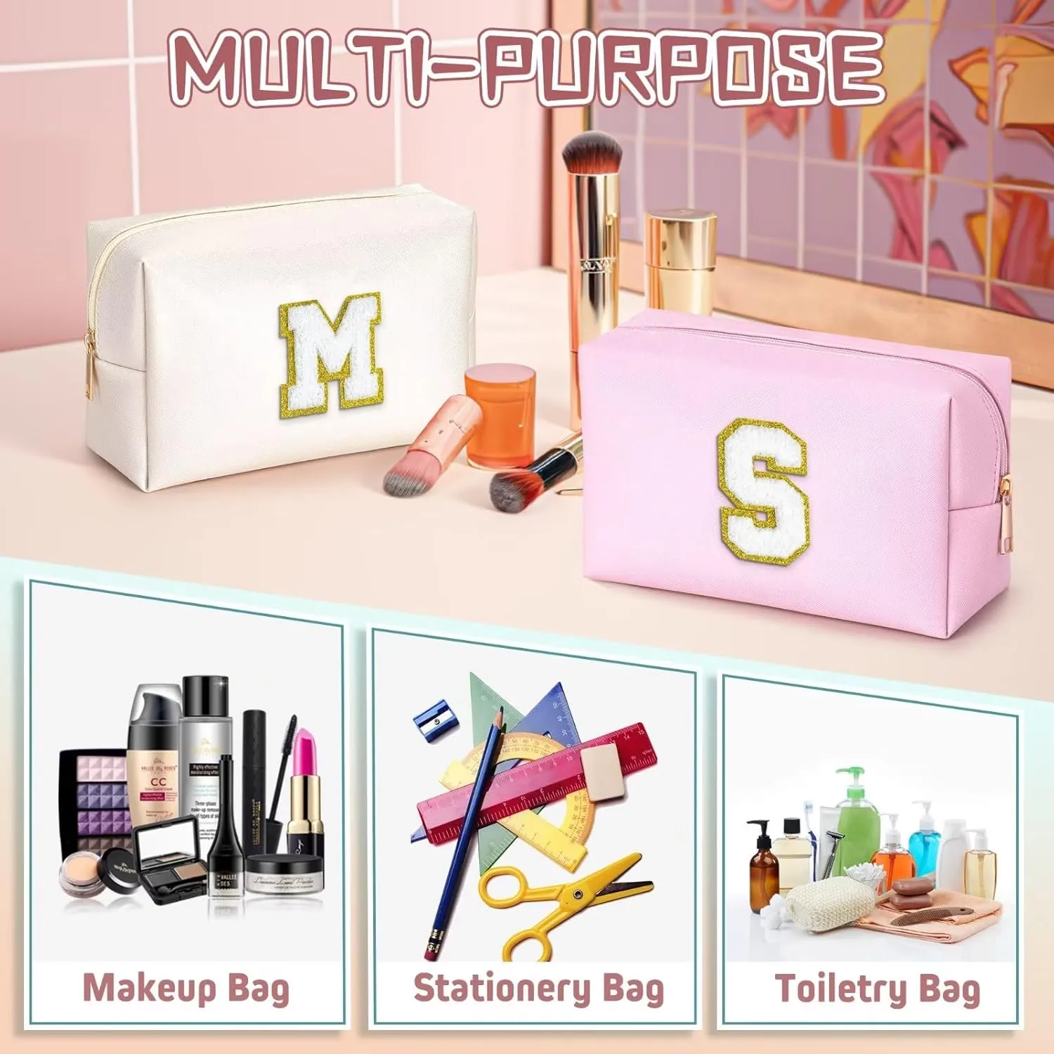 TOPEAST Birthday Gifts for Girls, Travel Makeup Bag Chenille Letter Pouch Cosmetic Bag, Makeup Travel Organizer, Monogrammed Bridesmaid Gifts for Women, Cute Stuff for Girls (White J)