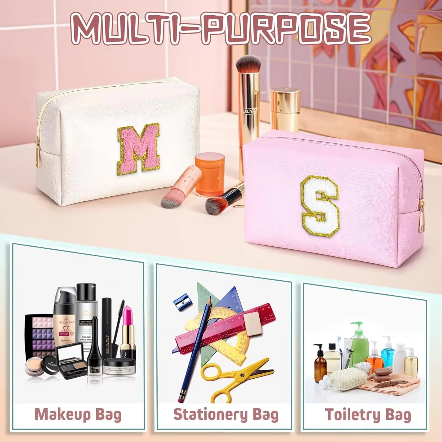 TOPEAST Women's Pink Waterproof Travel Toiletry Bag, Cute Monogrammed Makeup Pouch, Personalized Gift for Girlfriend, Wife, Valentine's Day, Anniversary, Preppy