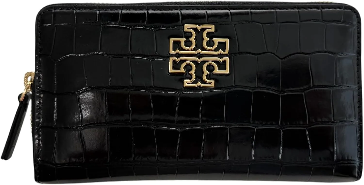 Tory Burch 145345 Britten Embossed Black With Gold Hardware Leather Women's Zip Continental Wallet