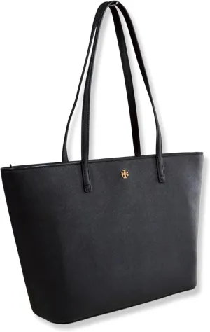 Tory Burch Womens Emerson Leather Women's Small Tote Handbag Purse, (Black)