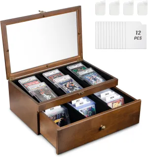 Trading Card Storage Box, 70  Graded Card Storage Box with Custom Drawer, Wood Storage Display Case with Large Clear Window, Sports Trading Card Box with Dividers for TCG/Mtg Collection