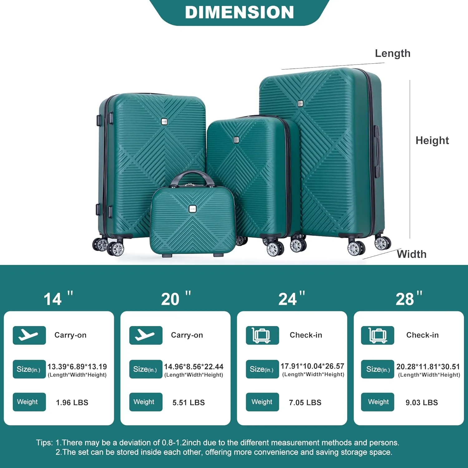 Travelhouse 4 Piece Luggage Sets Travel Suitcase, Large Capacity Lightweight Luggage Sets with TSA Lock & Spinner Wheels, Clearance Carry On Luggage Suitcase Set (DARK GREEN, 4 piece(14" 20'24"28"))