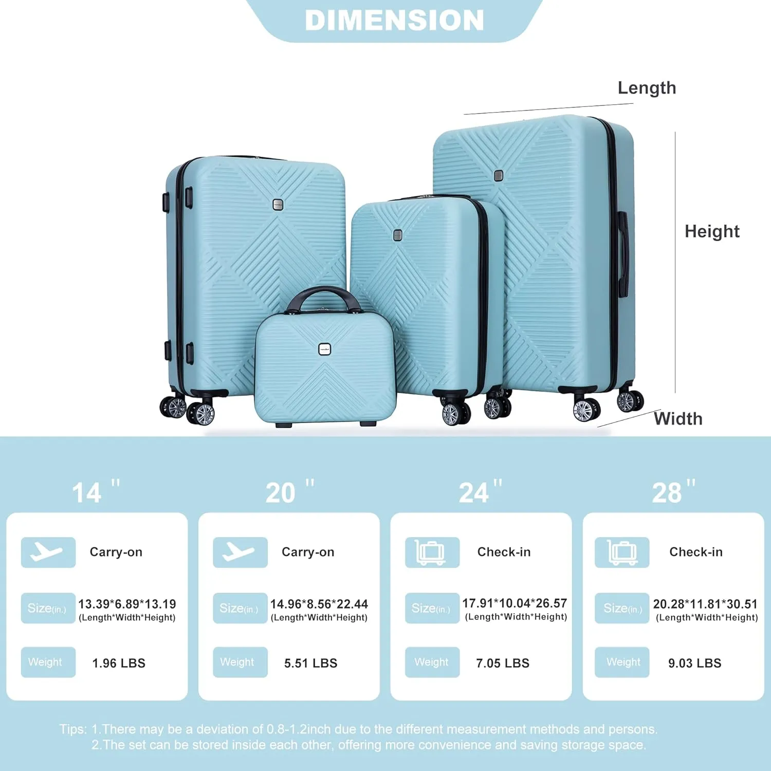 Travelhouse 4 Piece Luggage Sets Travel Suitcase, Large Capacity Lightweight Luggage Sets with TSA Lock & Spinner Wheels, Clearance Carry On Luggage Suitcase Set (LIGHT BLUE, 4 piece(14" 20'24"28"))