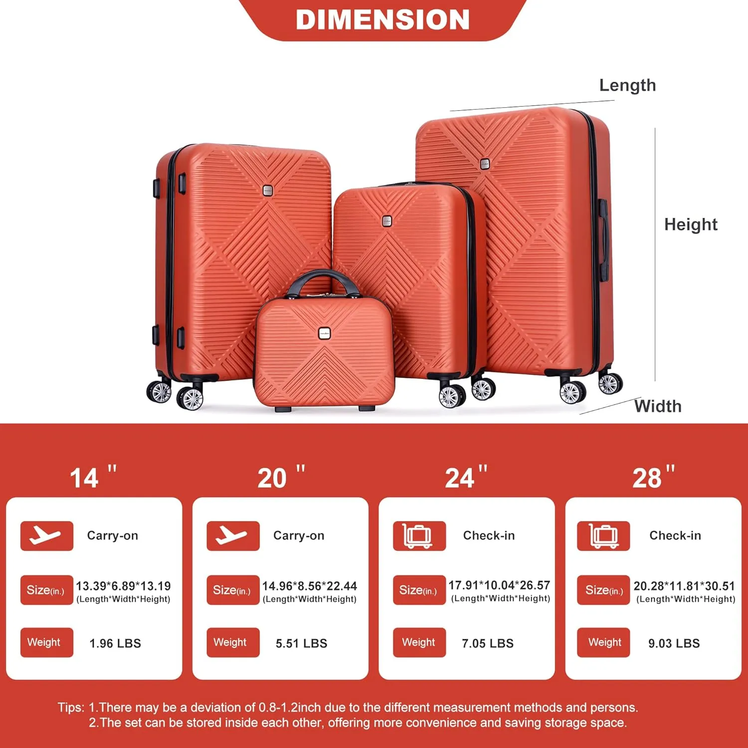 Travelhouse 4 Piece Luggage Sets Travel Suitcase, Large Capacity Lightweight Luggage Sets with TSA Lock & Spinner Wheels, Clearance Carry On Luggage Suitcase Set (ORANGE, 4 piece(14" 20'24"28"))