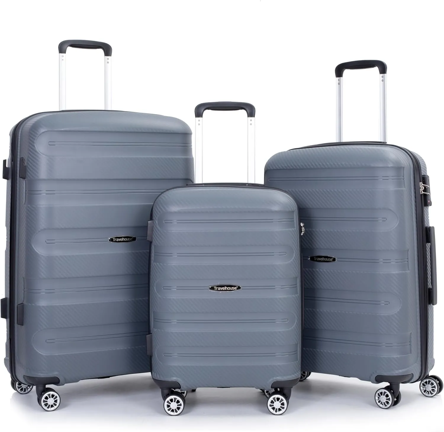 Travelhouse Amalodie Hardshell Upright Spinner Wheel Suitcase Set PP ABS, Lightweight Checked Carry-On Luggage 3-Piece Set with Spinner Wheels TSA Locks 20" 24" 28" (Gray)