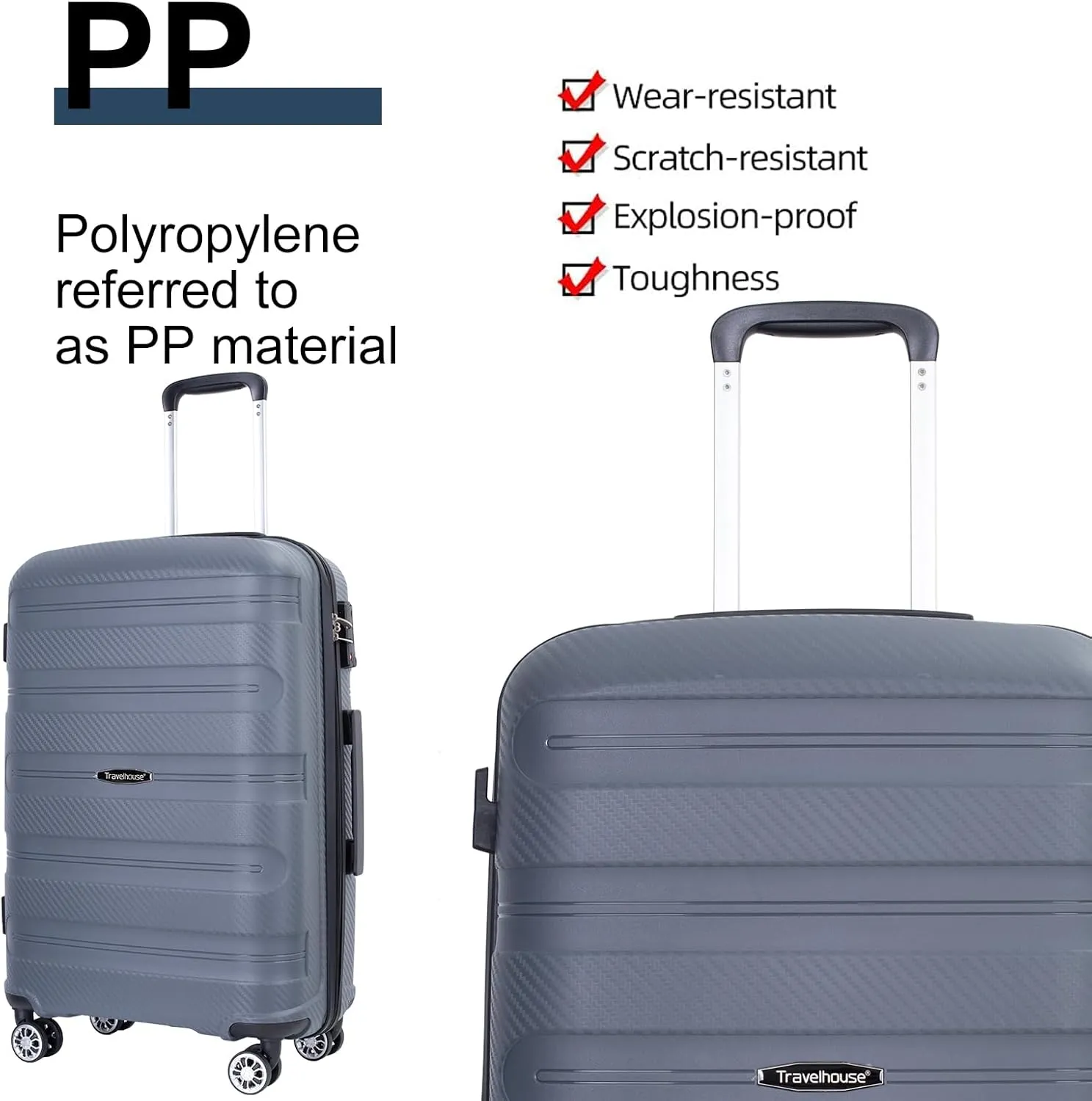 Travelhouse Amalodie Hardshell Upright Spinner Wheel Suitcase Set PP ABS, Lightweight Checked Carry-On Luggage 3-Piece Set with Spinner Wheels TSA Locks 20" 24" 28" (Gray)